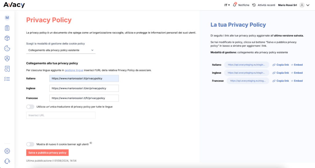 Registrarsi ad Avacy e configurare il sito web