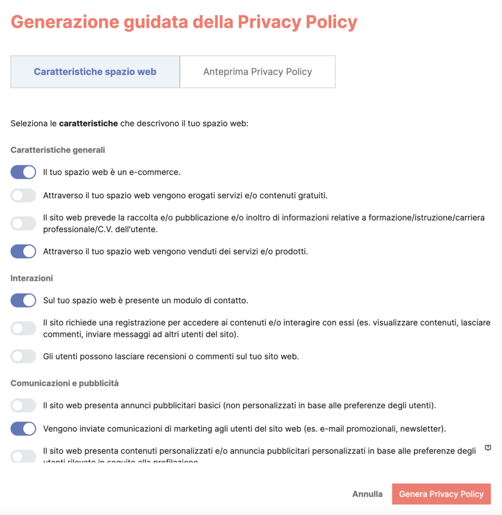 Step 1 per generazione guidata della privacy policy
