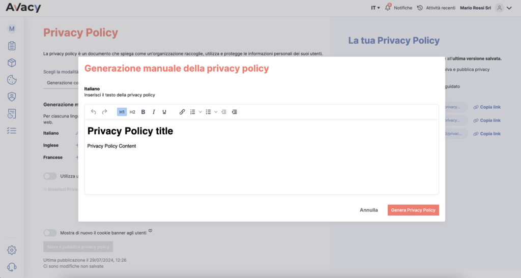 Step 2 per generazione guidata della privacy policy