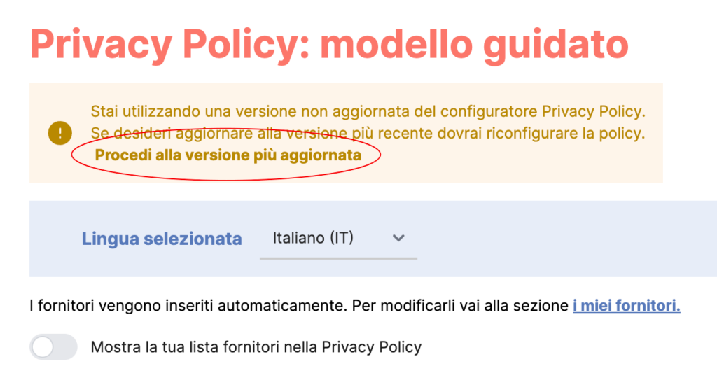 Sezione Privacy Policy di Avacy con l'alert 'Procedi alla versione più aggiornata'.
