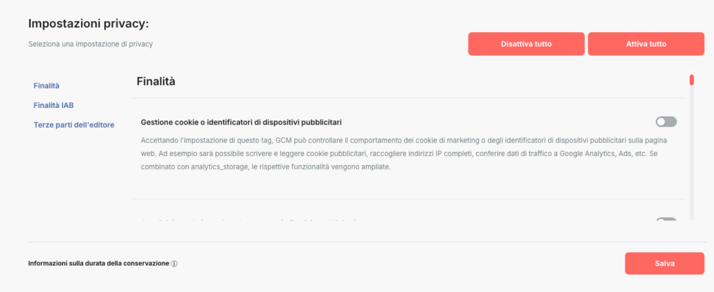 Cookie banner di Avacy con le voci del TCF IAB: Finalità, Funzionalità Speciali e Fornitori